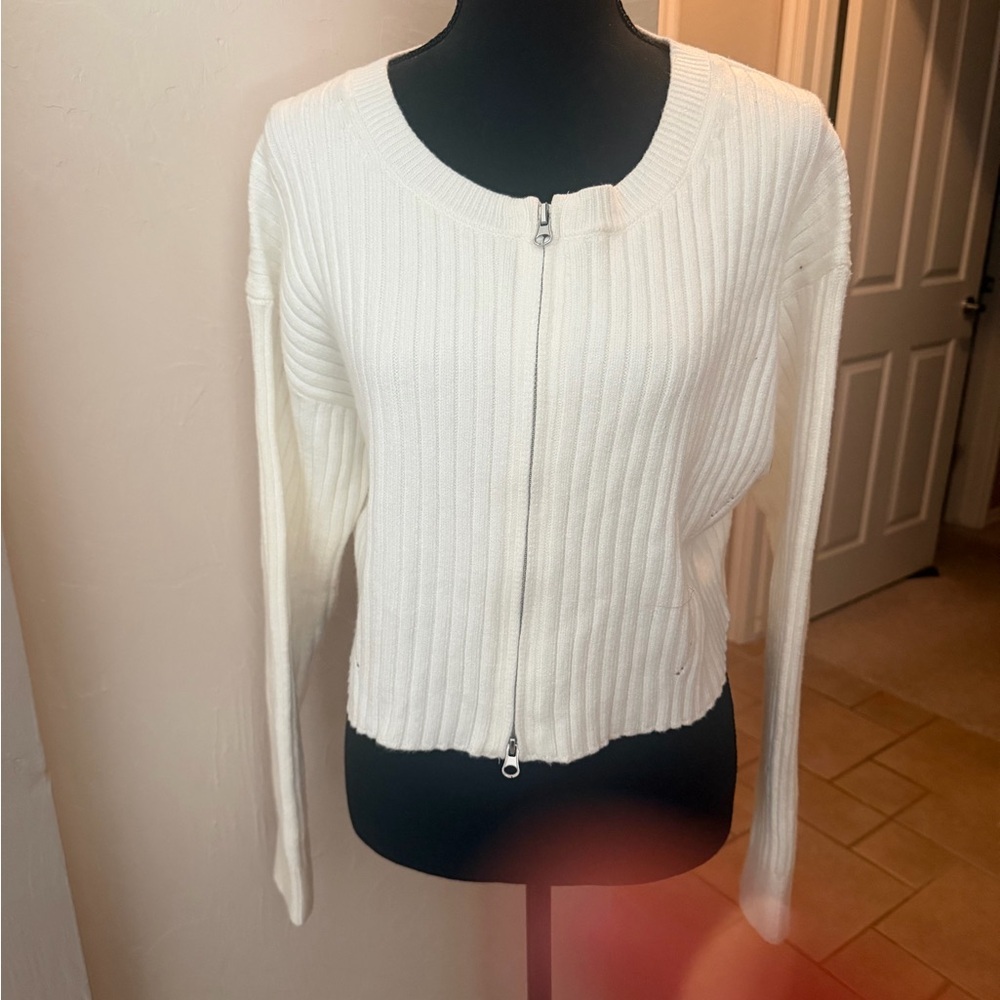 Cream Ribbed Crop Zip-Front Cardigan Sweater